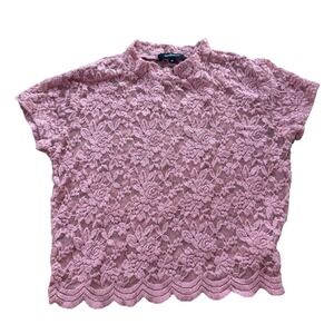 Ambiance Floral Lace Baby Tee Sheer Mock Neck Scallop Hem M Pink y2k babydoll